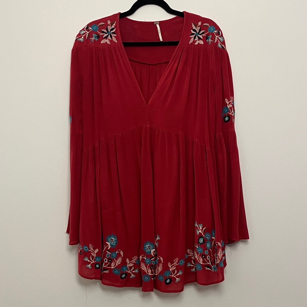 Free People Magenta Embroidered Mini Dress with Flare Sleeves
